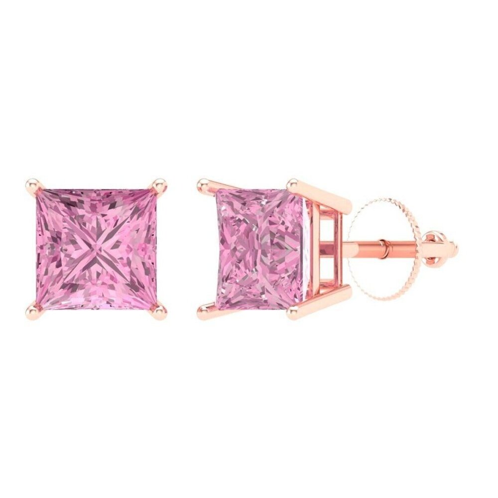 Rose Gold 925 Sterling Silver Women's Princess Cut Pink Cz Small Stud Earrings